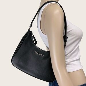 Nine West Black Purse Shoulder Strap Faux Leather Rhinestone Logo Y2K